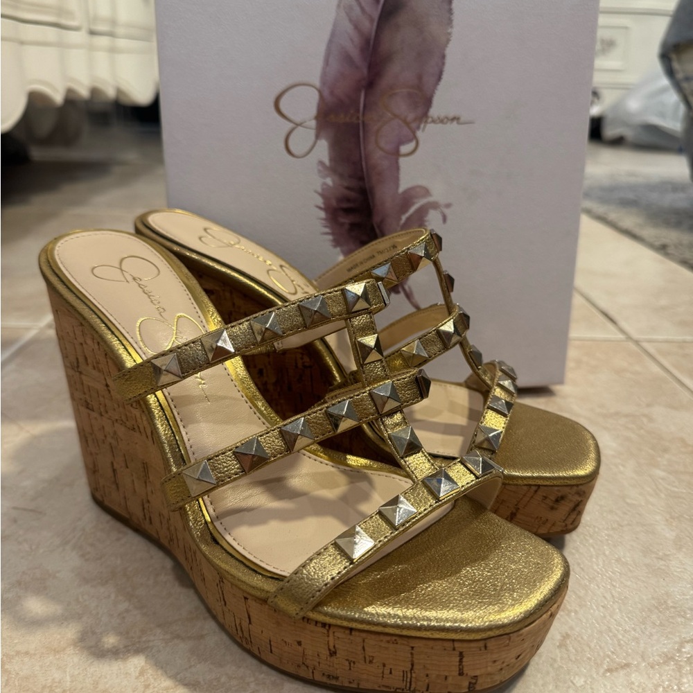Jessica Simpson Metallic Gold Studded Wedges